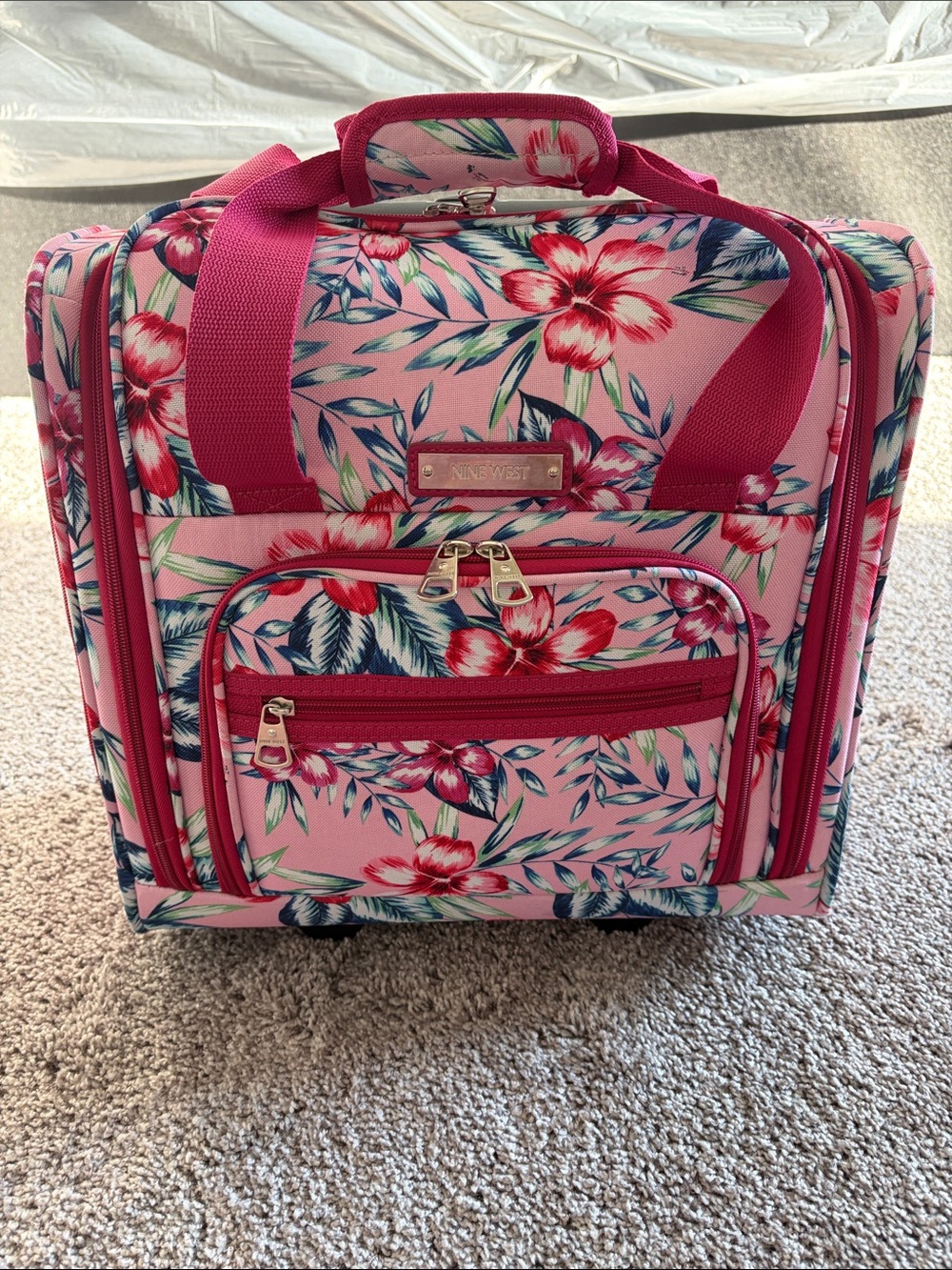 Nine West Pink Floral luggage Carry Bag fits under the seat